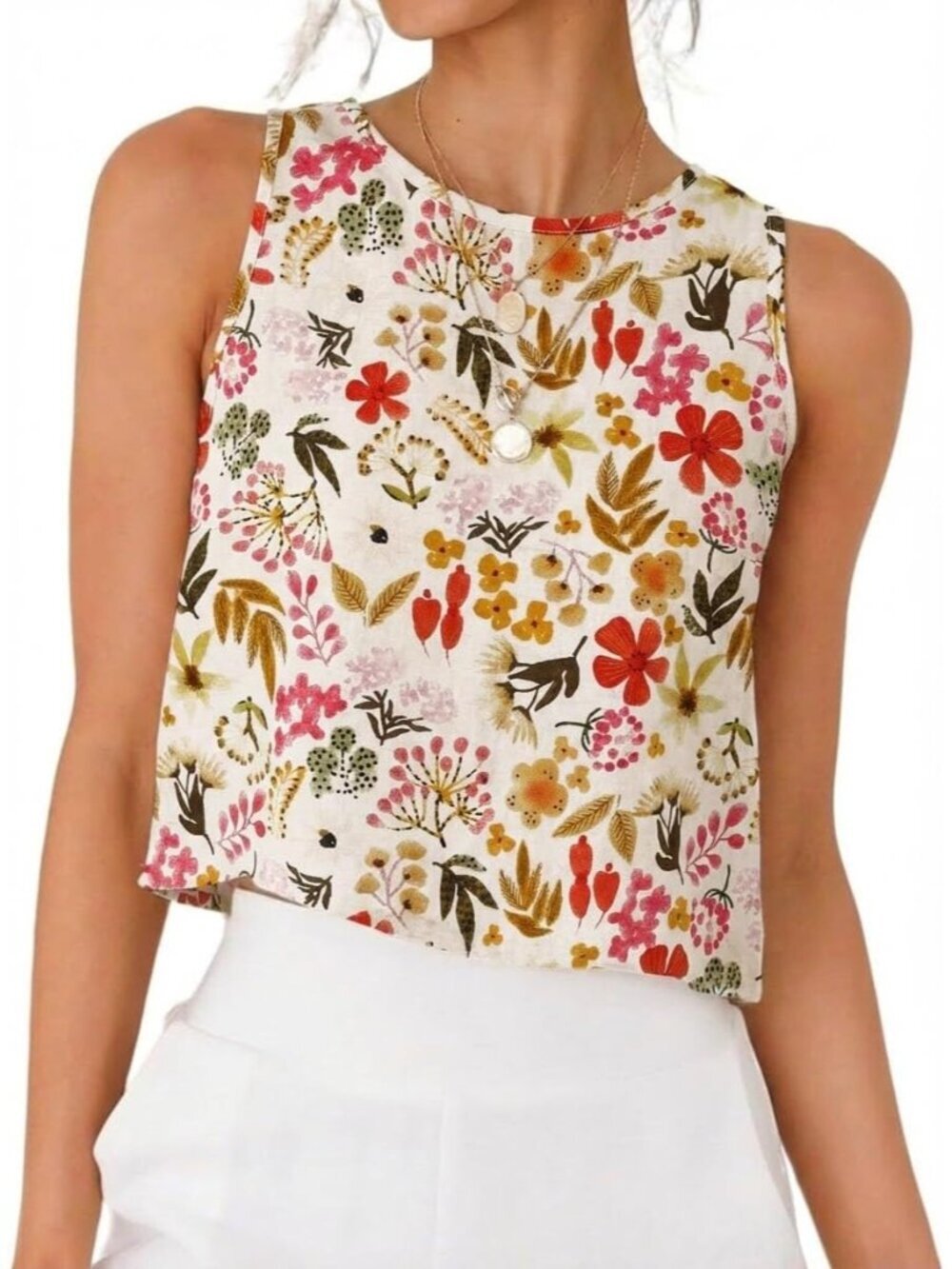 Women's Floral Multi Button Linen Summer Beach Sleeveless Imported Tank Top